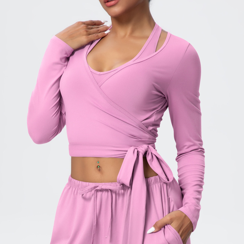 Cross-Border European and American Nude Breathable Drawstring Wide-Leg Pants Fitness Halter Vest Fashionable Strap Long-Sleeved Sports Yoga Wear