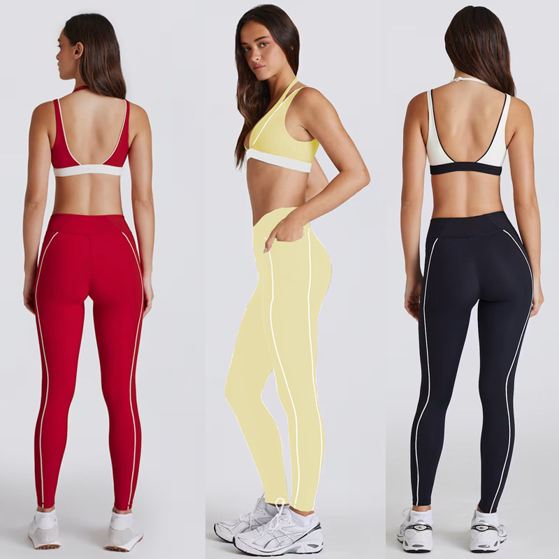 Yoga Sports Fitness Vest for Women with Breast Pads, Fake Two-Piece Contrasting Color Halter Bra, High Elastic Hip Lifting Training Pants
