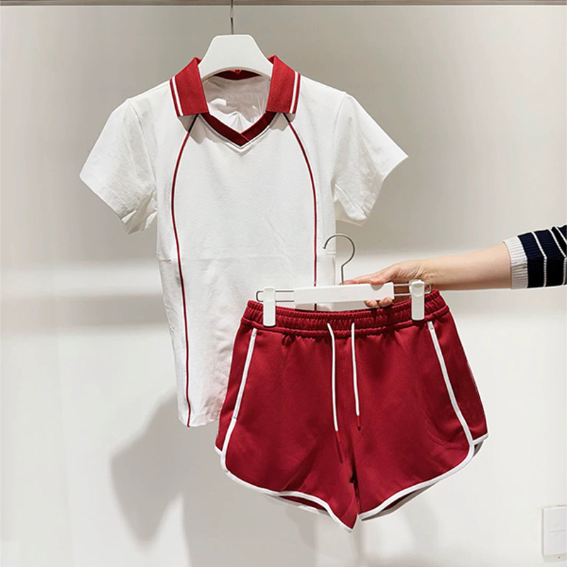 Women's Cross-Border Casual Sportswear Set, Summer Color Block Polo Collar Short-Sleeve Top and Shorts Two-Piece Tennis Suit