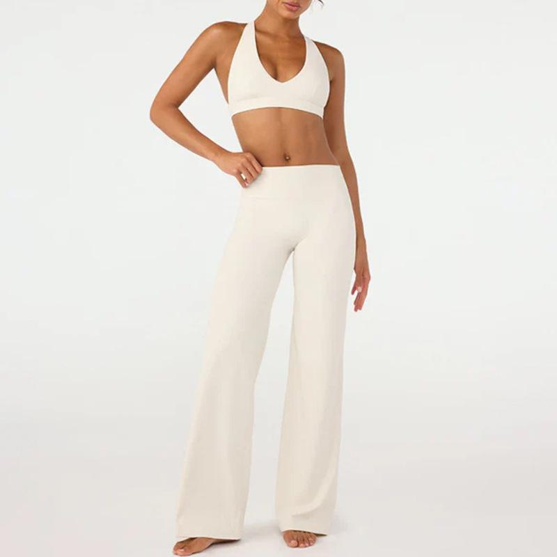 Cross-border European and American style yoga outfit set for women, featuring a push-up back, a high-waisted, bare-feel design, and straight-leg pants.