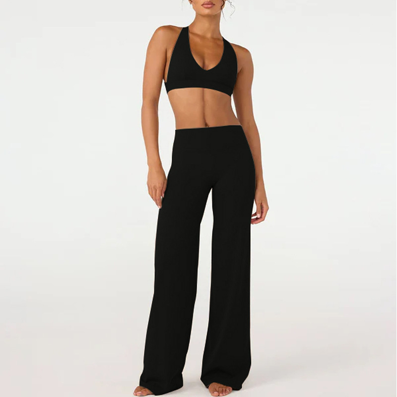 Cross-border European and American style yoga outfit set for women, featuring a push-up back, a high-waisted, bare-feel design, and straight-leg pants.