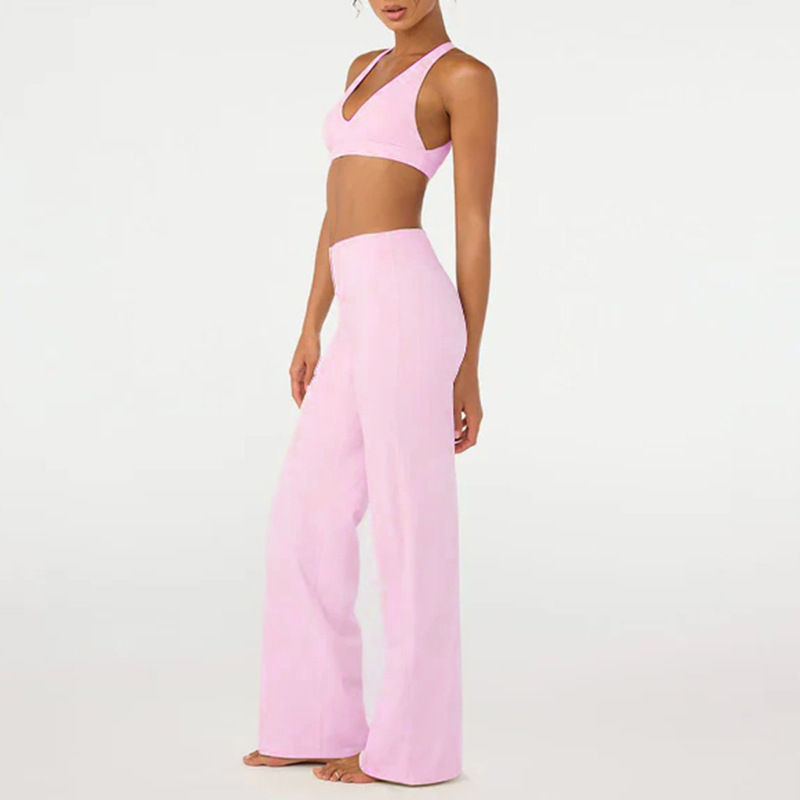 Cross-border European and American style yoga outfit set for women, featuring a push-up back, a high-waisted, bare-feel design, and straight-leg pants.