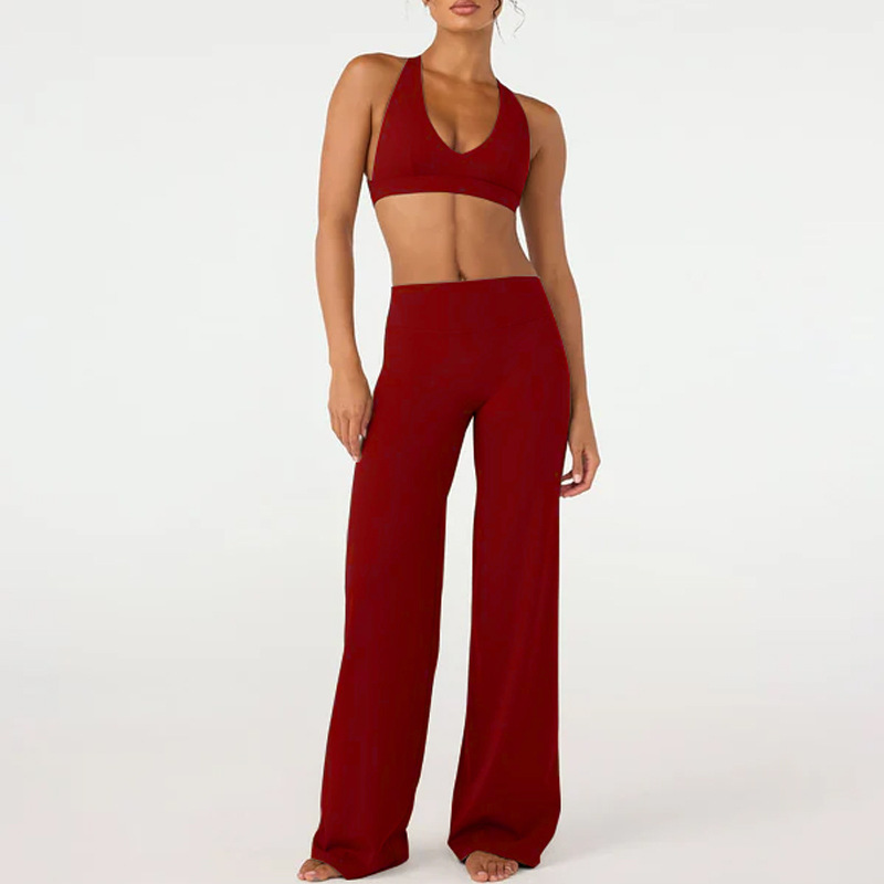 Cross-border European and American style yoga outfit set for women, featuring a push-up back, a high-waisted, bare-feel design, and straight-leg pants.