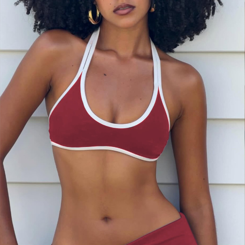 Cross-border halter neck color-blocked edge sports bra, push-up back sports bra, running sports yoga bra, new style