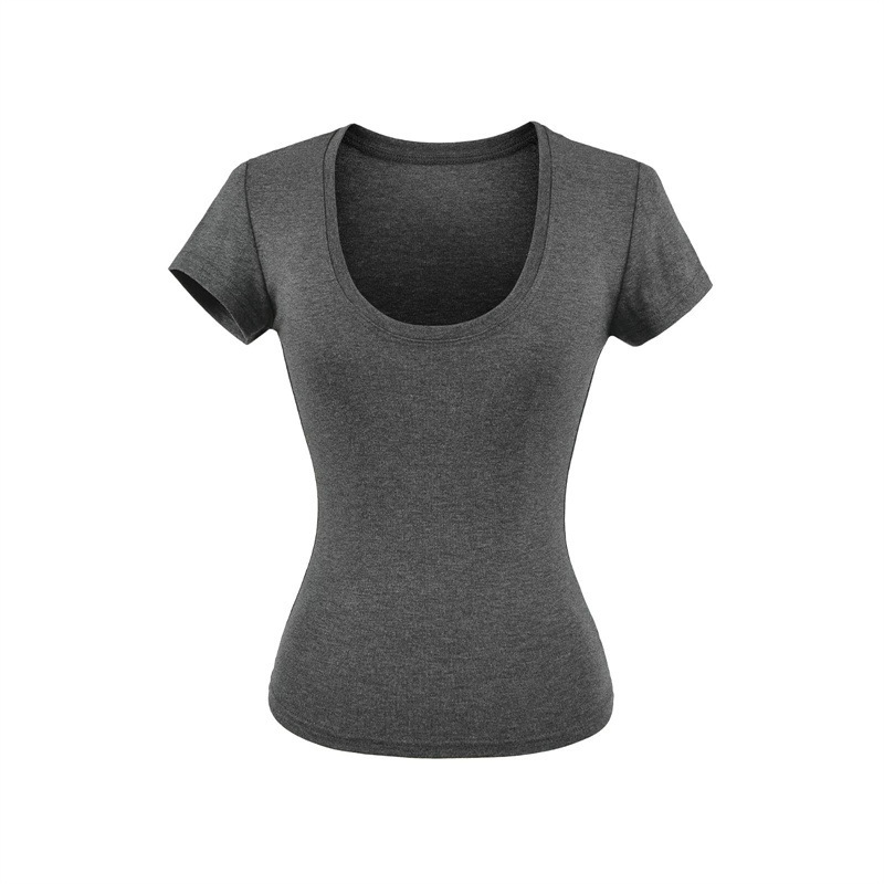 Pure Desire Hot Girl U-Neck Short Sleeve T-Shirt for Women, Summer Slim Fit Basic Style, Slimming Solid Color Simple Regular Shoulder Top
