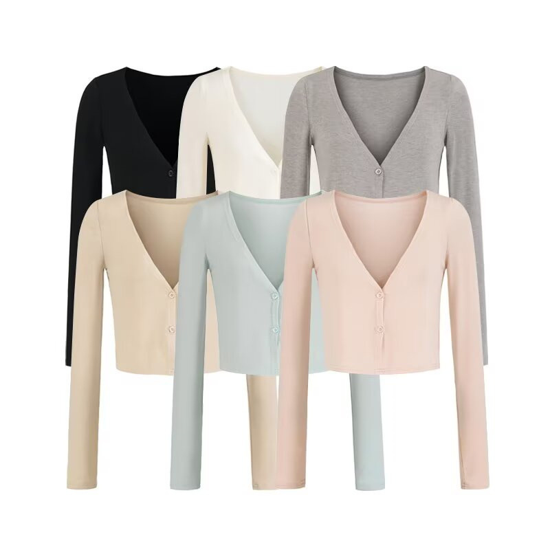 Korean-Style Semi-Sheer Long-Sleeve Cardigan Jacket for Women, Summer Short V-Neck Single-Breasted Outerwear for Petite Figures