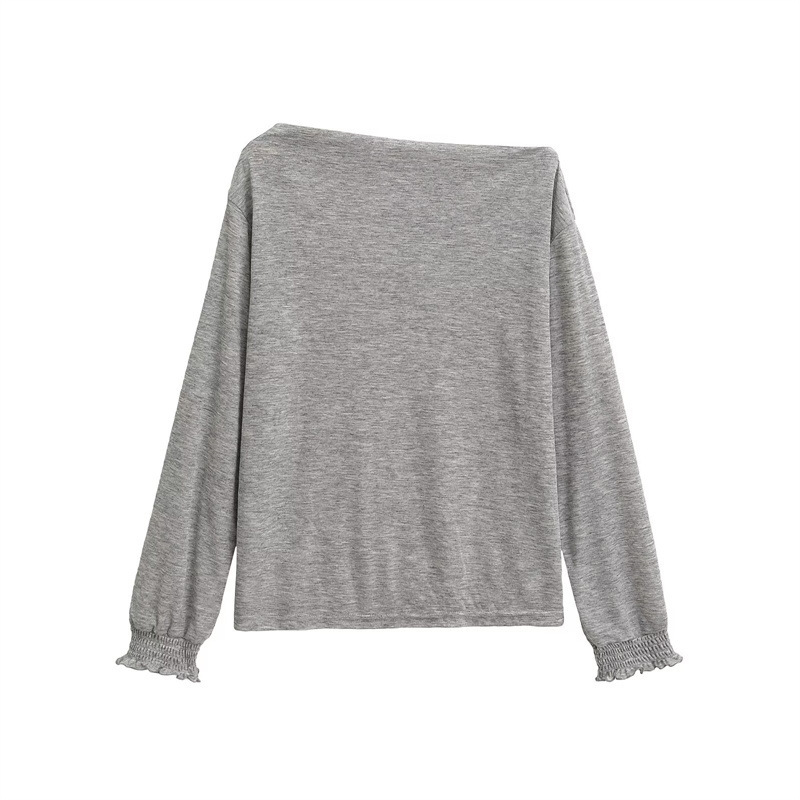 Solid Color One-Shoulder Sun-Protective Long-Sleeve T-Shirt for Women, Casual and Relaxed Style, Versatile, Thin, Loose-Fitting, Off-Shoulder Top