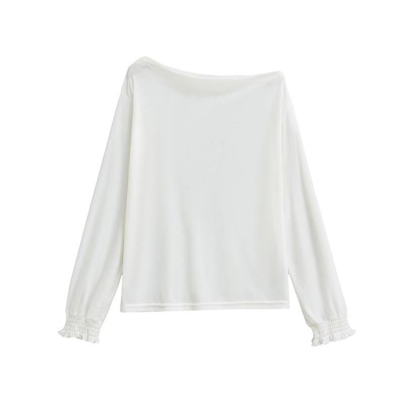 Solid Color One-Shoulder Sun-Protective Long-Sleeve T-Shirt for Women, Casual and Relaxed Style, Versatile, Thin, Loose-Fitting, Off-Shoulder Top