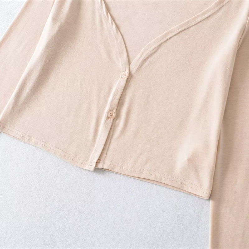Korean-Style Semi-Sheer Long-Sleeve Cardigan Jacket for Women, Summer Short V-Neck Single-Breasted Outerwear for Petite Figures