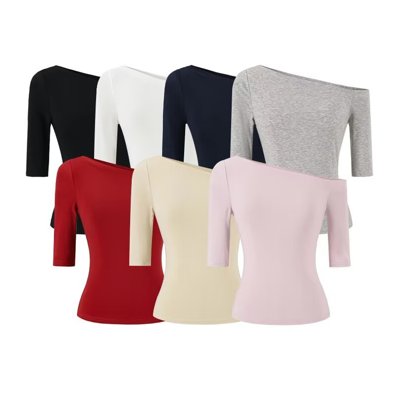 Navy Blue Asymmetrical Shoulder Mid-Sleeve T-Shirt for Women, Summer 2026, Off-Shoulder Design, Tight-Fitting Base Layer, Pure Desire Spicy Girl Top