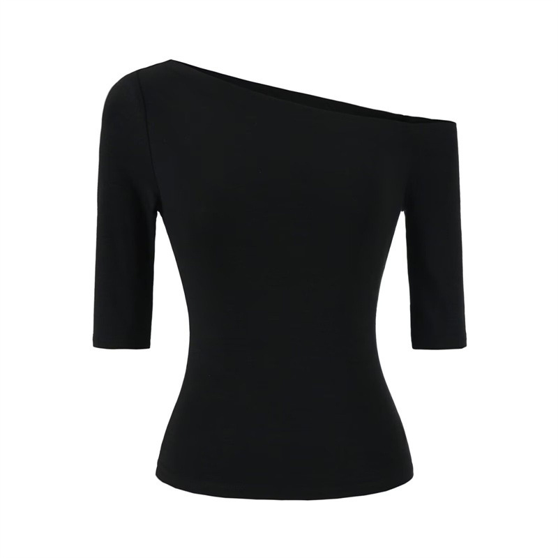 Navy Blue Asymmetrical Shoulder Mid-Sleeve T-Shirt for Women, Summer 2026, Off-Shoulder Design, Tight-Fitting Base Layer, Pure Desire Spicy Girl Top