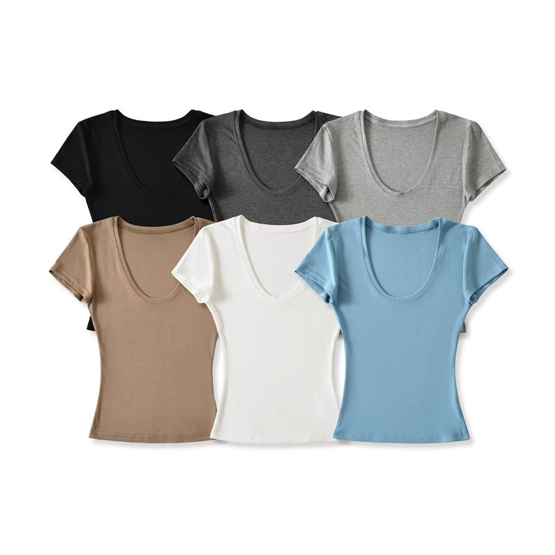 Pure Desire Hot Girl U-Neck Short Sleeve T-Shirt for Women, Summer Slim Fit Basic Style, Slimming Solid Color Simple Regular Shoulder Top