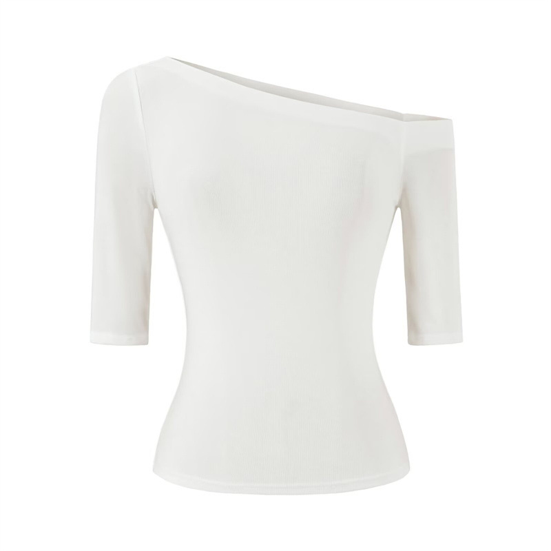 Navy Blue Asymmetrical Shoulder Mid-Sleeve T-Shirt for Women, Summer 2026, Off-Shoulder Design, Tight-Fitting Base Layer, Pure Desire Spicy Girl Top