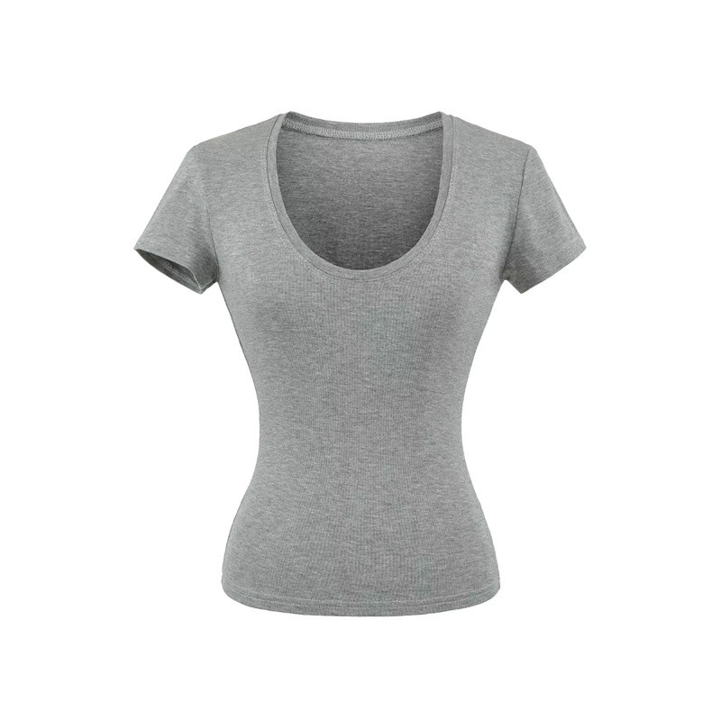 Pure Desire Hot Girl U-Neck Short Sleeve T-Shirt for Women, Summer Slim Fit Basic Style, Slimming Solid Color Simple Regular Shoulder Top