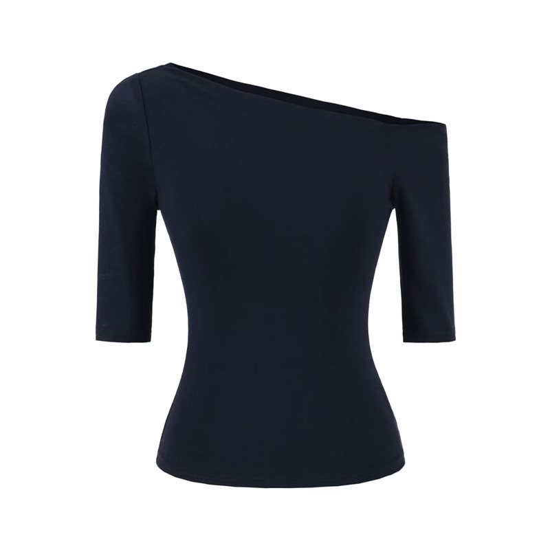 Navy Blue Asymmetrical Shoulder Mid-Sleeve T-Shirt for Women, Summer 2026, Off-Shoulder Design, Tight-Fitting Base Layer, Pure Desire Spicy Girl Top