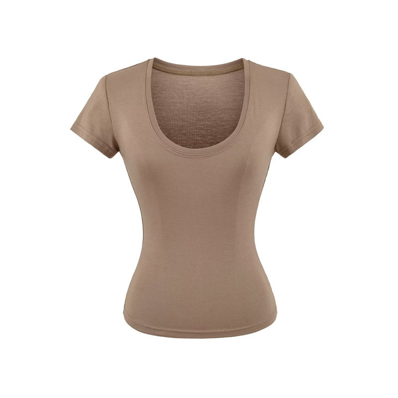 Pure Desire Hot Girl U-Neck Short Sleeve T-Shirt for Women, Summer Slim Fit Basic Style, Slimming Solid Color Simple Regular Shoulder Top