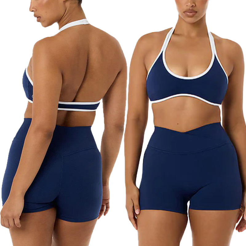 Fitness Clothing, Yoga Clothing Set, Halter Neck Bra Top, Shorts Set, Beautiful Back Top, Women's Sports Shorts Two-Piece Set