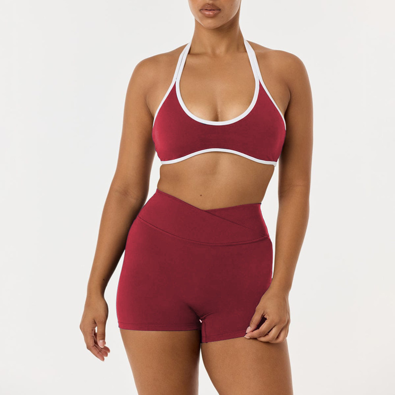 Fitness Clothing, Yoga Clothing Set, Halter Neck Bra Top, Shorts Set, Beautiful Back Top, Women's Sports Shorts Two-Piece Set