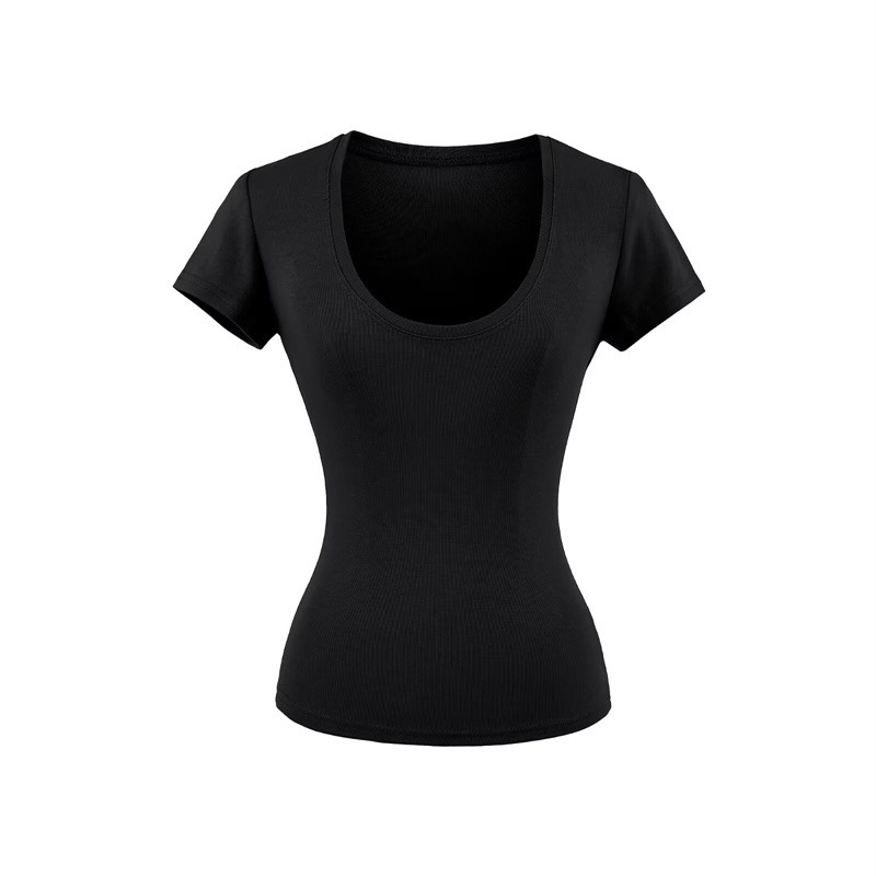 Pure Desire Hot Girl U-Neck Short Sleeve T-Shirt for Women, Summer Slim Fit Basic Style, Slimming Solid Color Simple Regular Shoulder Top