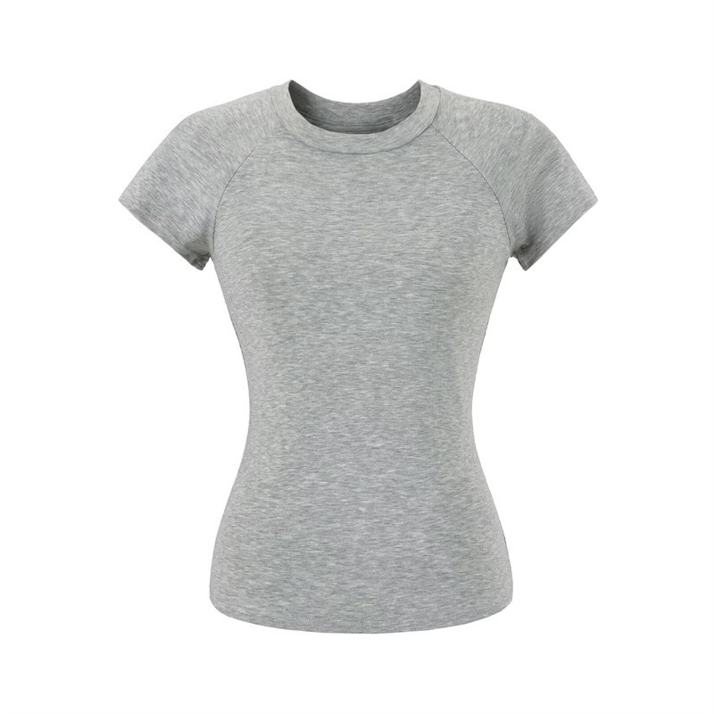 Korean-Style Round Neck Slim-Fit Raglan Sleeve Basic Spicy Short-Sleeve T-Shirt, Tight-Fitting Solid Color Yoga Sports Top for Women