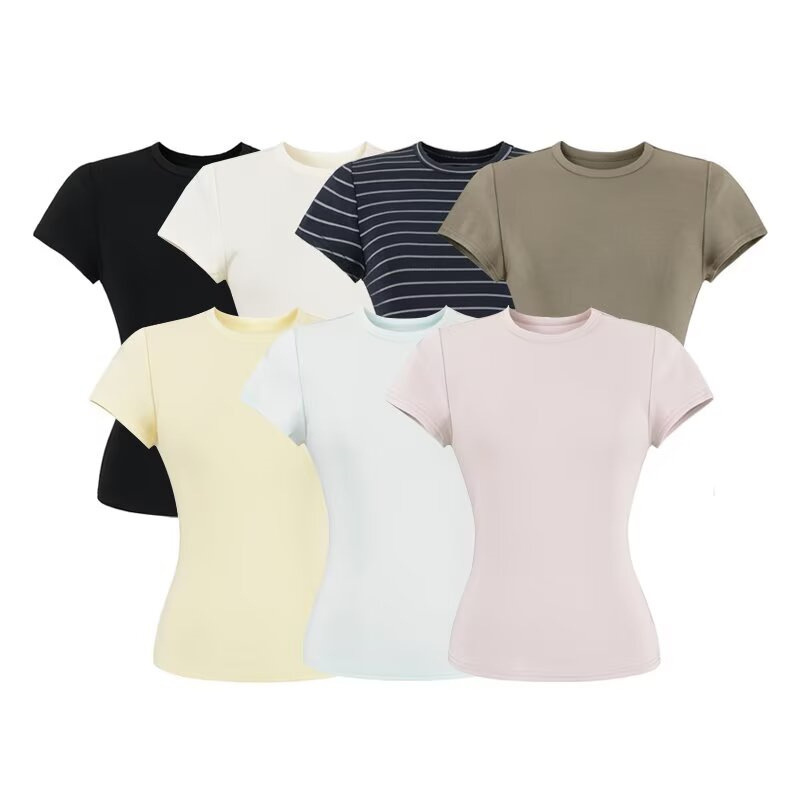 Versatile Round Neck Short-Sleeve T-Shirt for Women, Summer Solid Color Simple Slim-Fit Basic Top