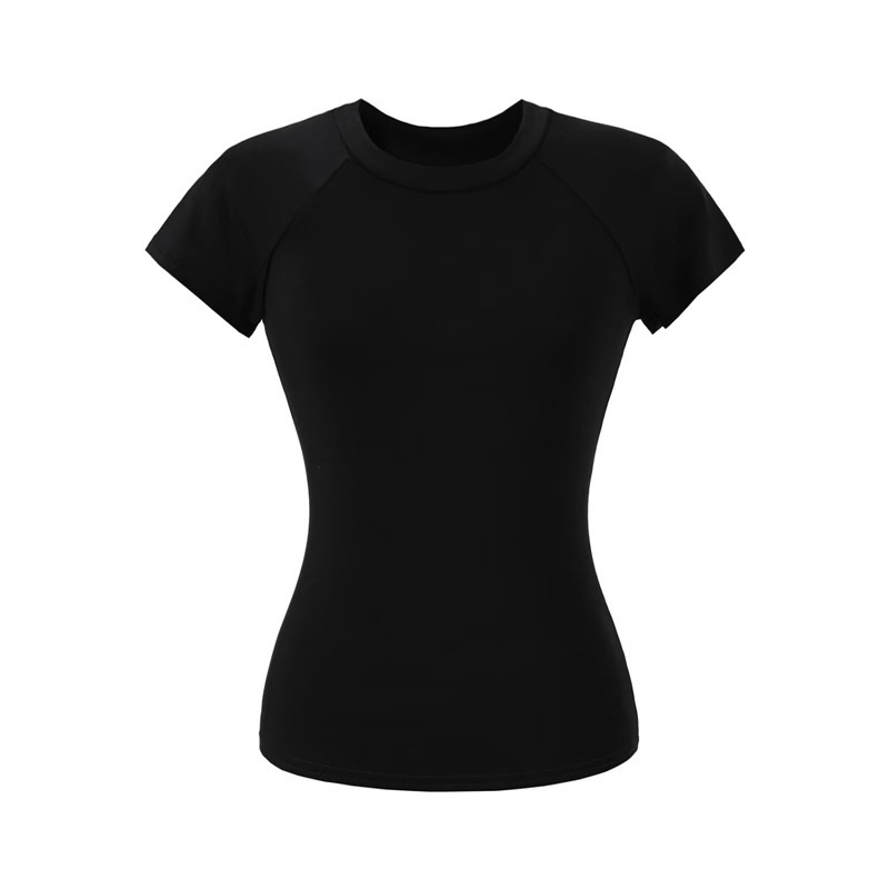 Korean-Style Round Neck Slim-Fit Raglan Sleeve Basic Spicy Short-Sleeve T-Shirt, Tight-Fitting Solid Color Yoga Sports Top for Women