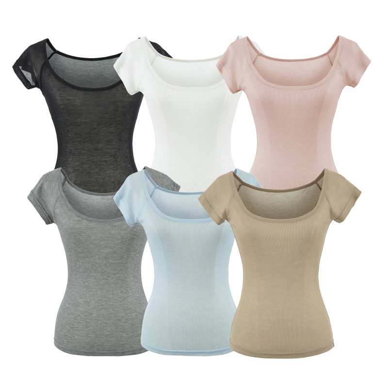 Comfortable Slightly Sheer Large-Neck Short-Sleeve T-Shirt for Women, Summer Slim-Fit Korean Basic Style, Layered Thin Base Shirt Top