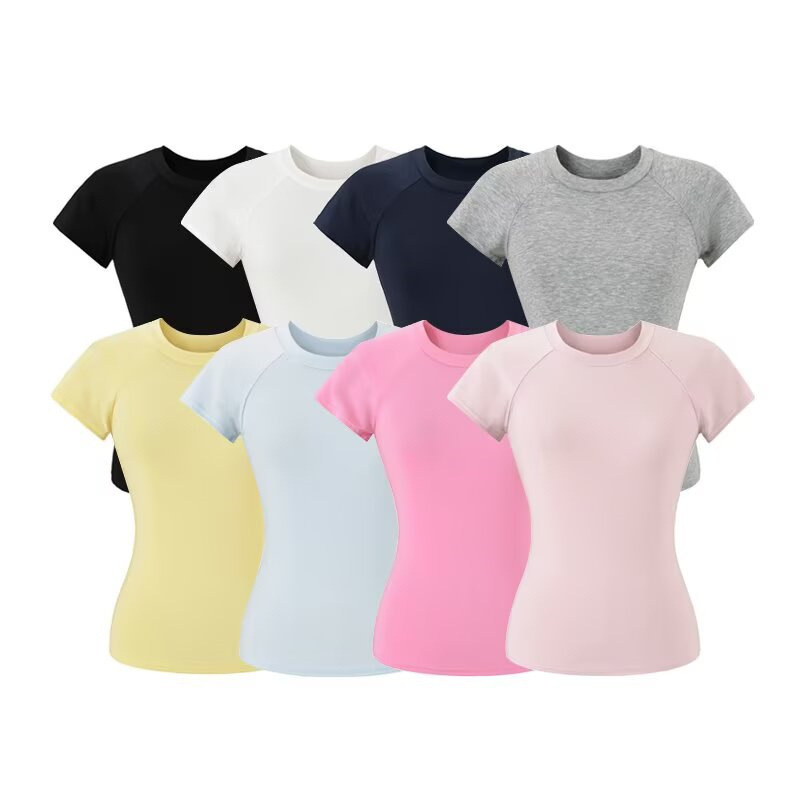 Korean-Style Round Neck Slim-Fit Raglan Sleeve Basic Spicy Short-Sleeve T-Shirt, Tight-Fitting Solid Color Yoga Sports Top for Women