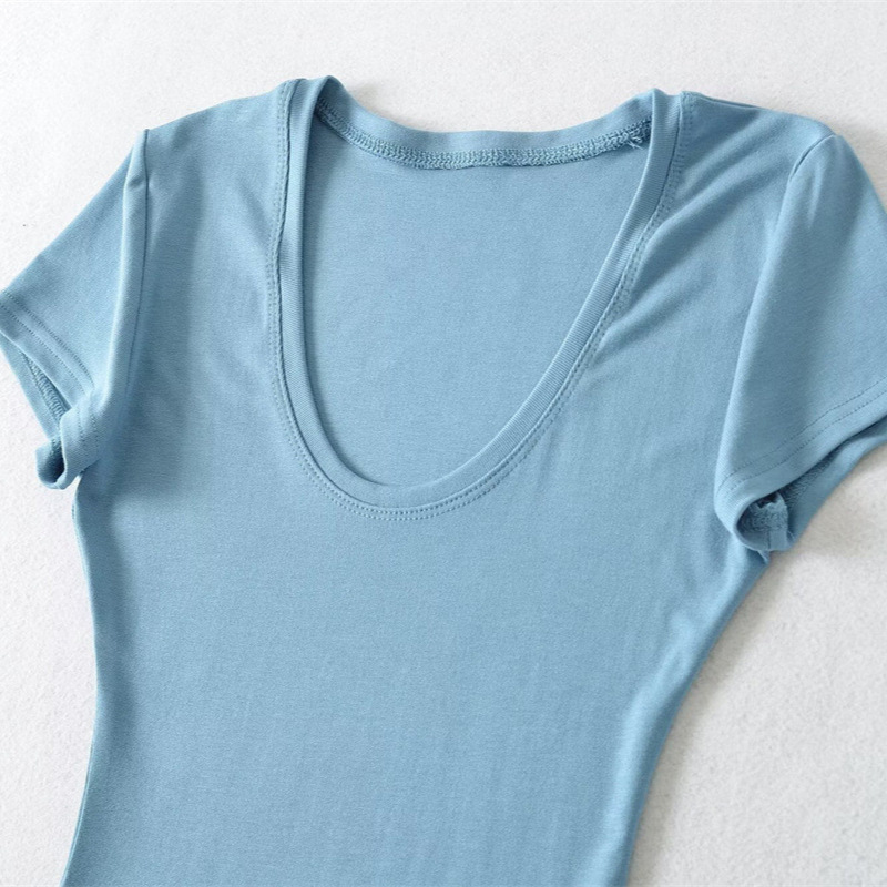 Pure Desire Hot Girl U-Neck Short Sleeve T-Shirt for Women, Summer Slim Fit Basic Style, Slimming Solid Color Simple Regular Shoulder Top