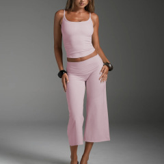 Yy397 peach pink top + cropped wide-leg pants