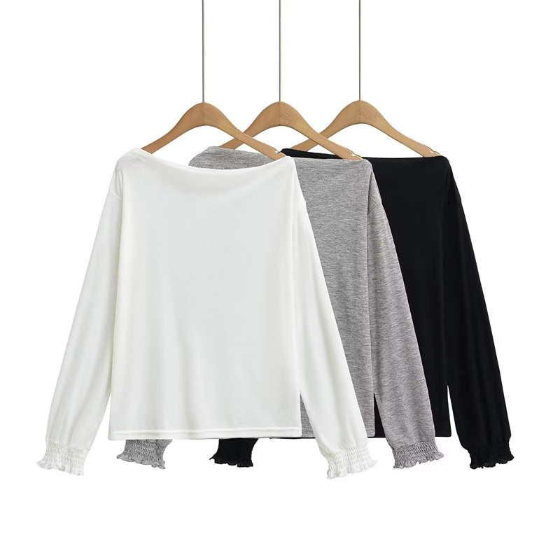 Solid Color One-Shoulder Sun-Protective Long-Sleeve T-Shirt for Women, Casual and Relaxed Style, Versatile, Thin, Loose-Fitting, Off-Shoulder Top