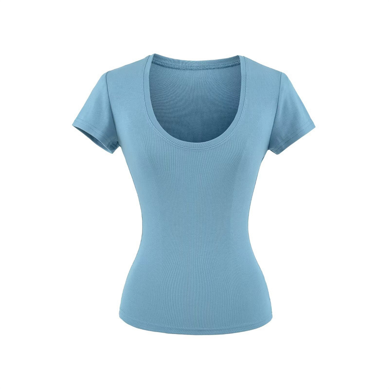 Pure Desire Hot Girl U-Neck Short Sleeve T-Shirt for Women, Summer Slim Fit Basic Style, Slimming Solid Color Simple Regular Shoulder Top