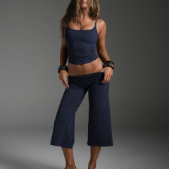 Yy397 navy blue top + cropped wide-leg pants