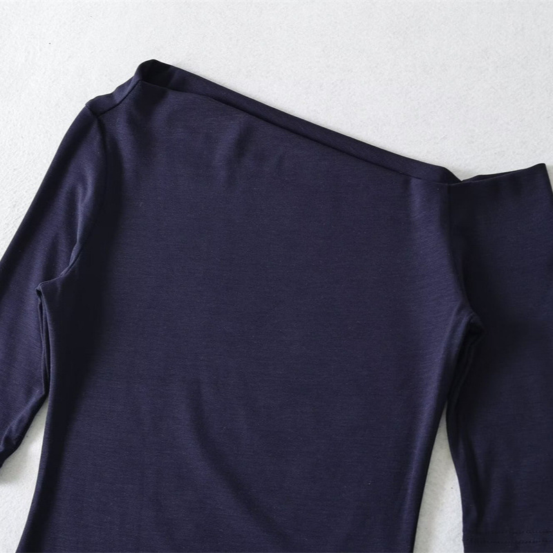 Navy Blue Asymmetrical Shoulder Mid-Sleeve T-Shirt for Women, Summer 2026, Off-Shoulder Design, Tight-Fitting Base Layer, Pure Desire Spicy Girl Top