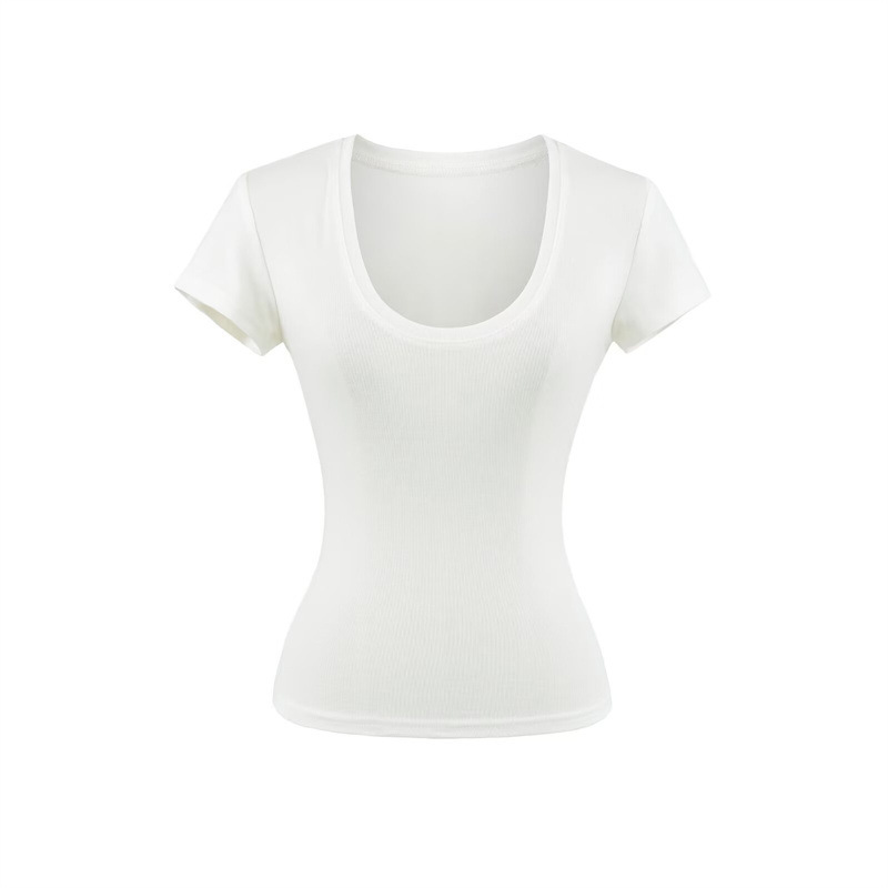 Pure Desire Hot Girl U-Neck Short Sleeve T-Shirt for Women, Summer Slim Fit Basic Style, Slimming Solid Color Simple Regular Shoulder Top