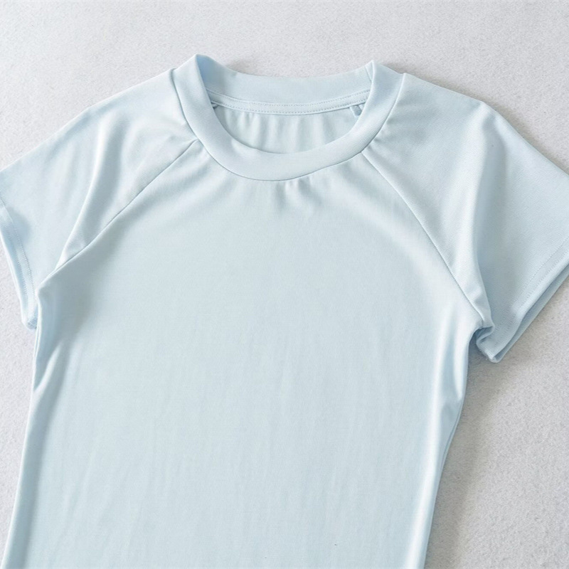 Korean-Style Round Neck Slim-Fit Raglan Sleeve Basic Spicy Short-Sleeve T-Shirt, Tight-Fitting Solid Color Yoga Sports Top for Women