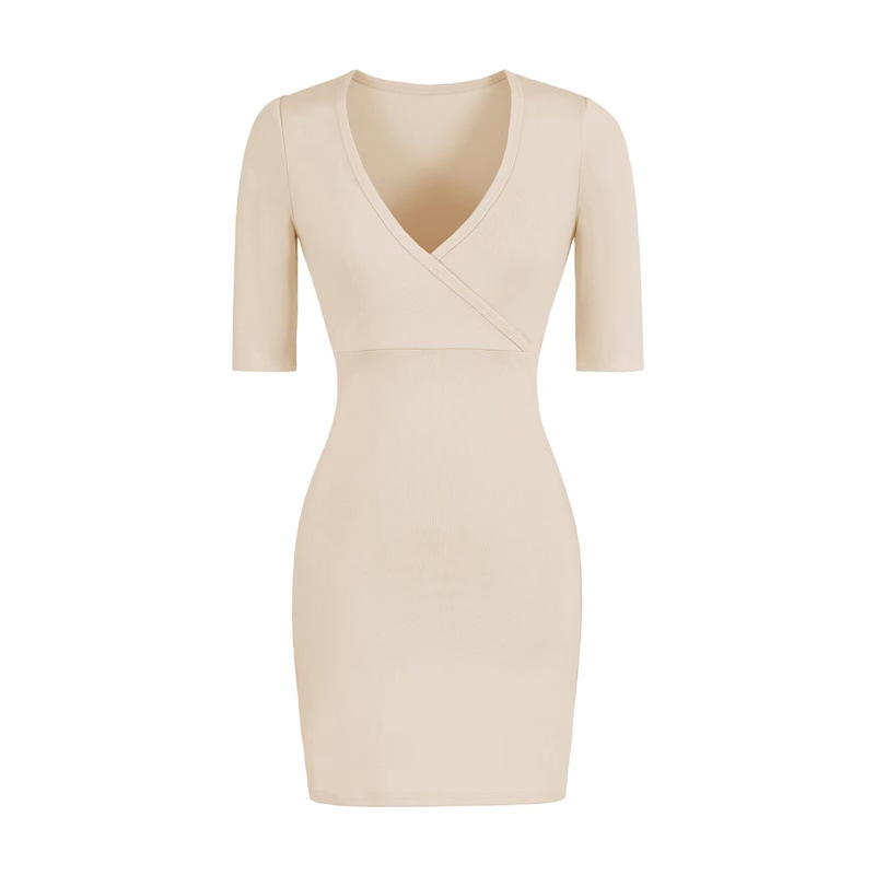 Cross V-Neck Mid-Sleeve Dress for Women, Summer Niche Style, Sexy Base Design, Waist-Cinching, Bodycon Short Dress