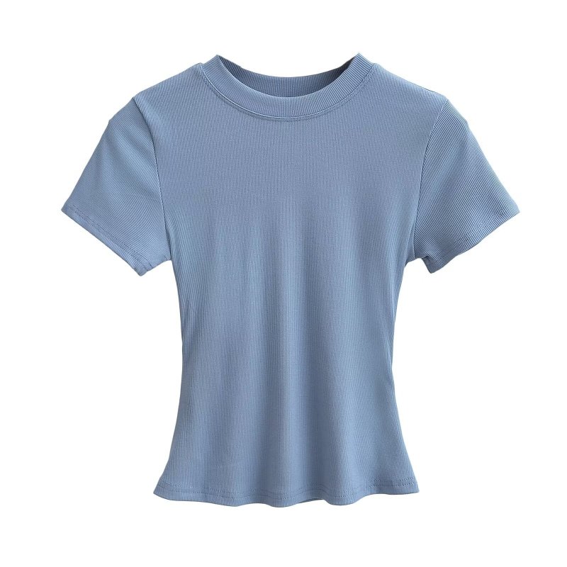 American-Style Tight-Fitting Round-Neck T-Shirt for Women, Casual Inner Wear, Stretchy, Slimming, Figure-Flattering, Solid Color, Short-Sleeve Base Shirt Top