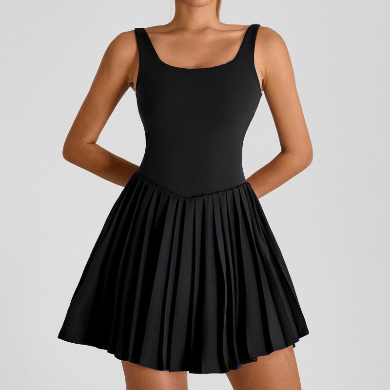 Cross-Border New Outdoor Fitness Pleated Sports Dress Women's Hollow Back Fake Two-Piece Anti-Exposure Tennis Skirt