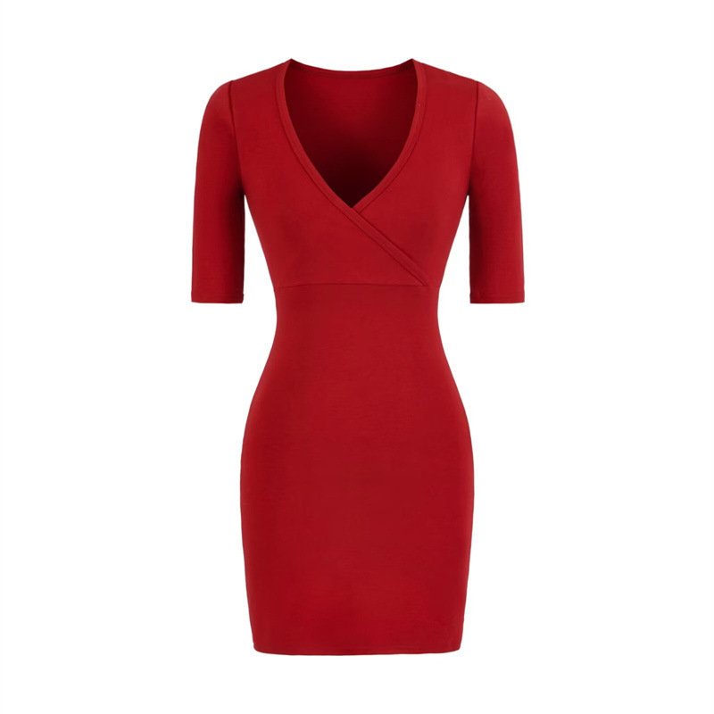 Cross V-Neck Mid-Sleeve Dress for Women, Summer Niche Style, Sexy Base Design, Waist-Cinching, Bodycon Short Dress