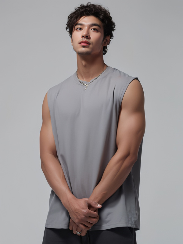 2025 Cross-border Men's Wide Shoulder Men's Sleeveless Vest Men's Simple Solid Color Loose European and American Size T-shirt New