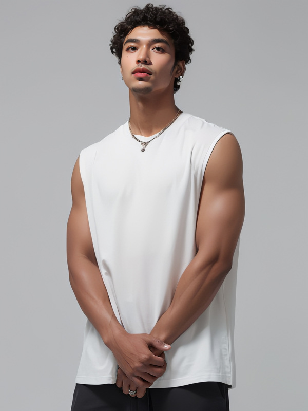2025 Cross-border Men's Wide Shoulder Men's Sleeveless Vest Men's Simple Solid Color Loose European and American Size T-shirt New