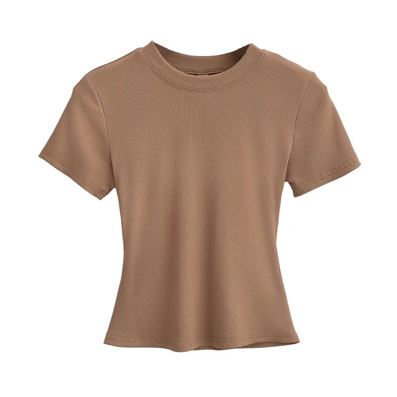 American-Style Tight-Fitting Round-Neck T-Shirt for Women, Casual Inner Wear, Stretchy, Slimming, Figure-Flattering, Solid Color, Short-Sleeve Base Shirt Top