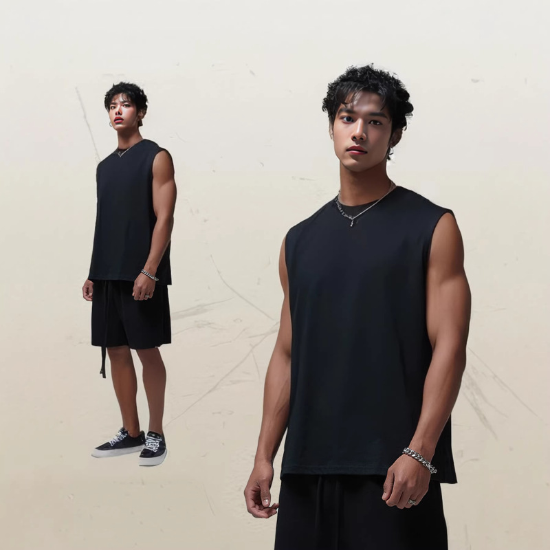 2025 Cross-border Men's Wide Shoulder Men's Sleeveless Vest Men's Simple Solid Color Loose European and American Size T-shirt New