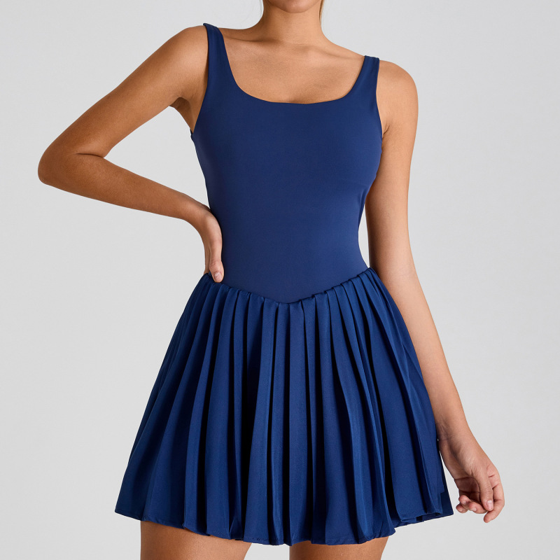 Cross-Border New Outdoor Fitness Pleated Sports Dress Women's Hollow Back Fake Two-Piece Anti-Exposure Tennis Skirt