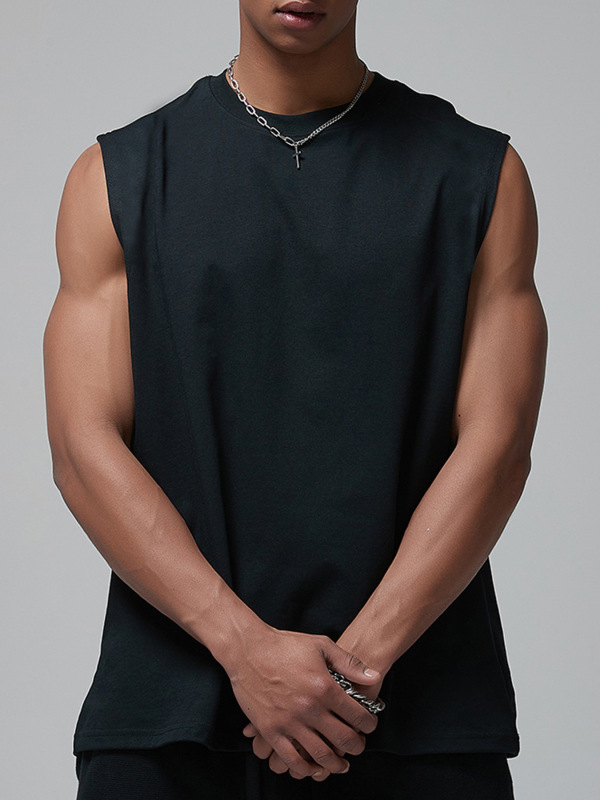 2025 Cross-border Men's Wide Shoulder Men's Sleeveless Vest Men's Simple Solid Color Loose European and American Size T-shirt New