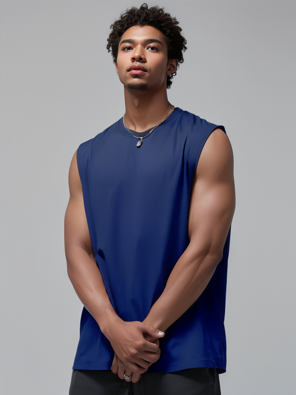 2025 Cross-border Men's Wide Shoulder Men's Sleeveless Vest Men's Simple Solid Color Loose European and American Size T-shirt New
