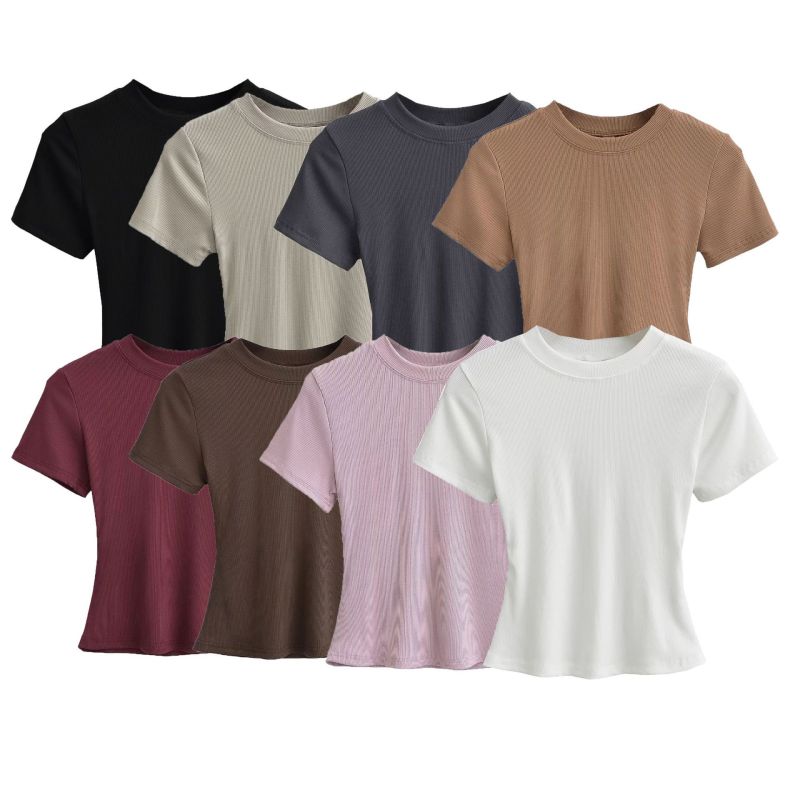 American-Style Tight-Fitting Round-Neck T-Shirt for Women, Casual Inner Wear, Stretchy, Slimming, Figure-Flattering, Solid Color, Short-Sleeve Base Shirt Top