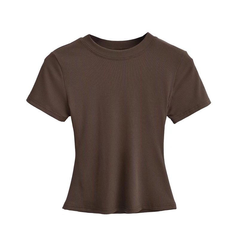 American-Style Tight-Fitting Round-Neck T-Shirt for Women, Casual Inner Wear, Stretchy, Slimming, Figure-Flattering, Solid Color, Short-Sleeve Base Shirt Top