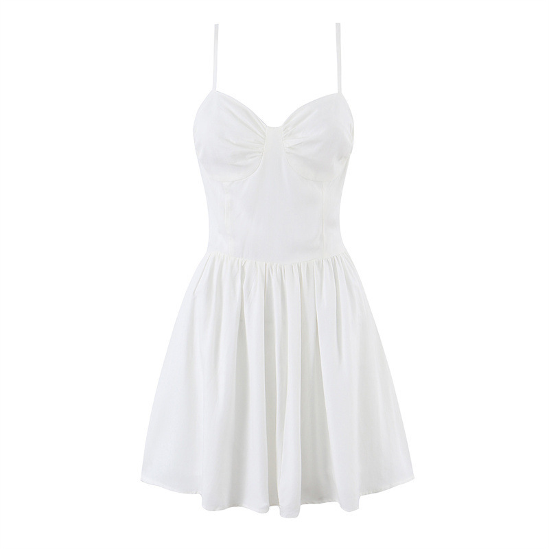 French Retro Style Niche White Spaghetti Strap Dress for Women, Summer 2026, Waist-Cinching, Elegant, Slimming, Vacation Short Dress